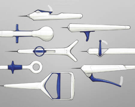 Series of sketches for a white medical device with a blue handle.