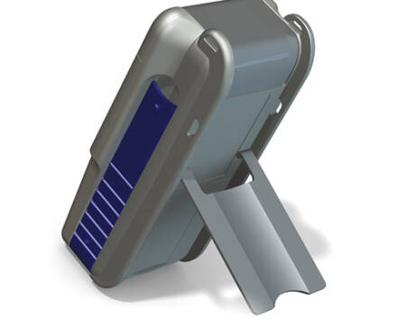 Fiber optic testing device product image back side with kick stand.